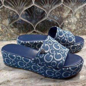 Guess Blue Denim Monogram Platform Slide Sandals